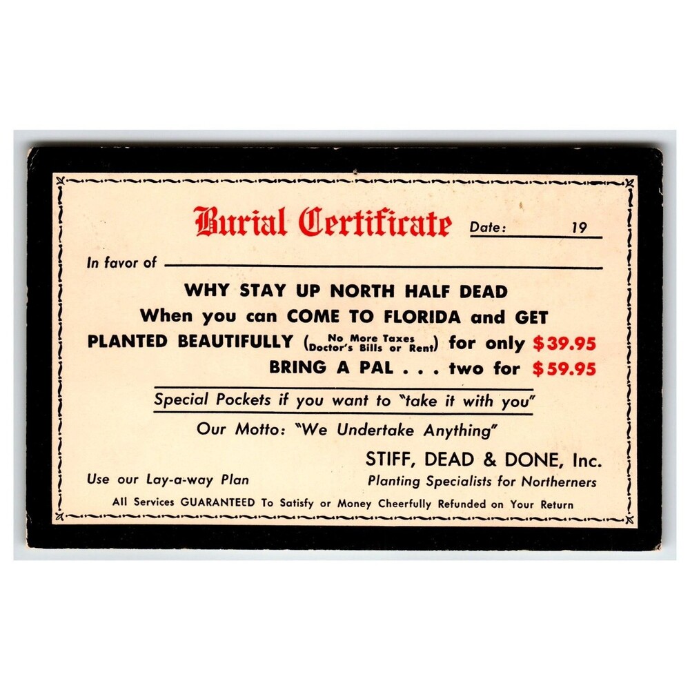 Humorous Florida Burial Certificate Postcard Stiff Dead & Done Inc